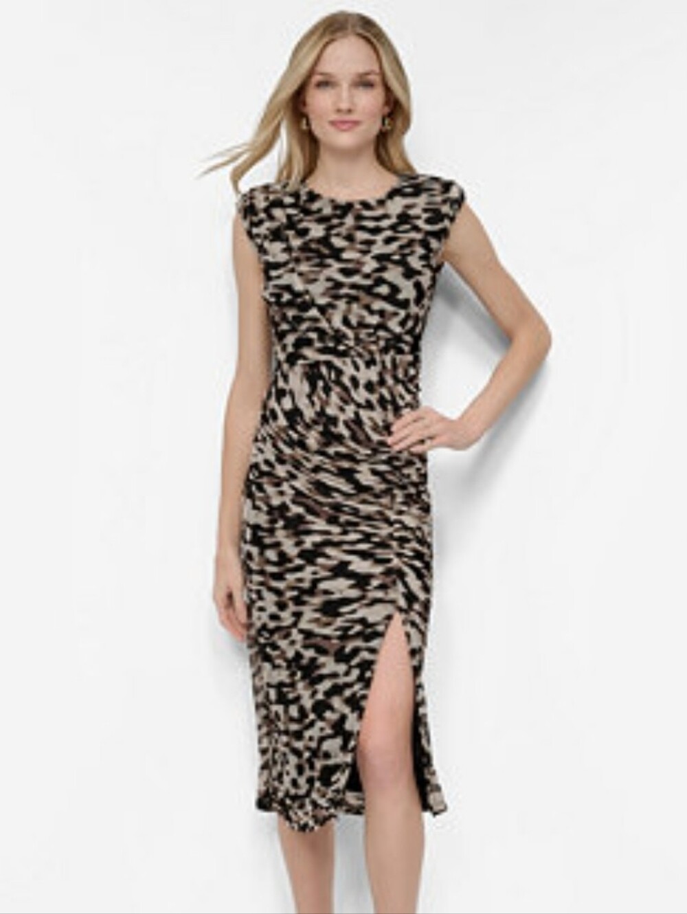 DKNY NWT Animal Leopard Print Ruched Midi Dress Black Beige Size 10 Party